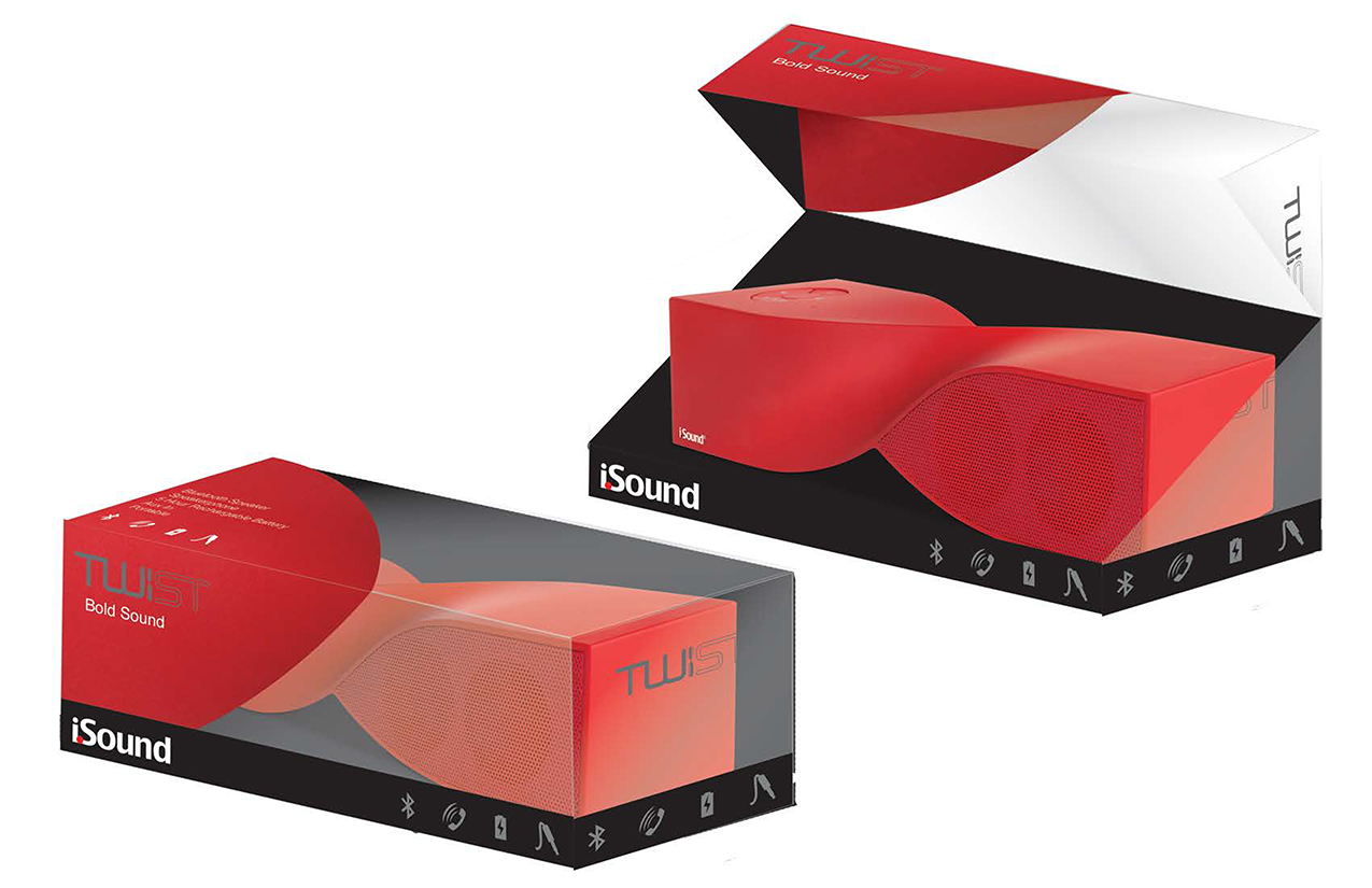 iSound TWIST speaker retail packaging renders in red