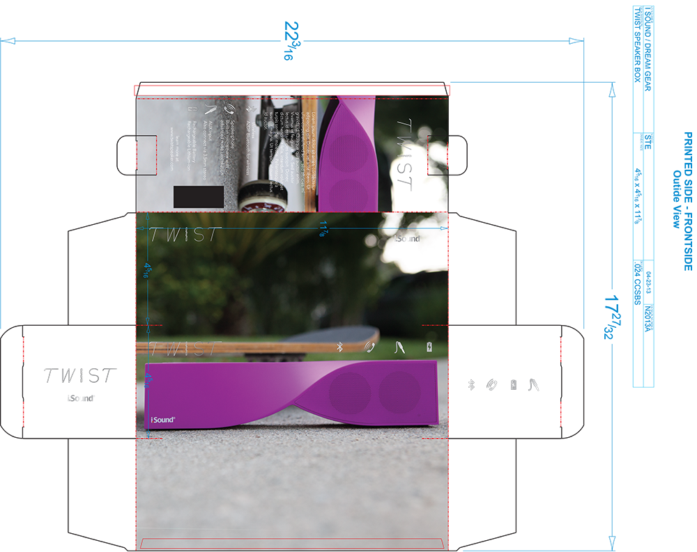 TWIST speaker packaging dieline with skateboard lifestyle photography