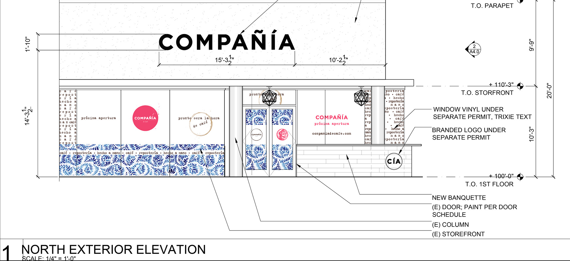 Compañía café north exterior elevation with branded signage, window vinyl, and tile pattern