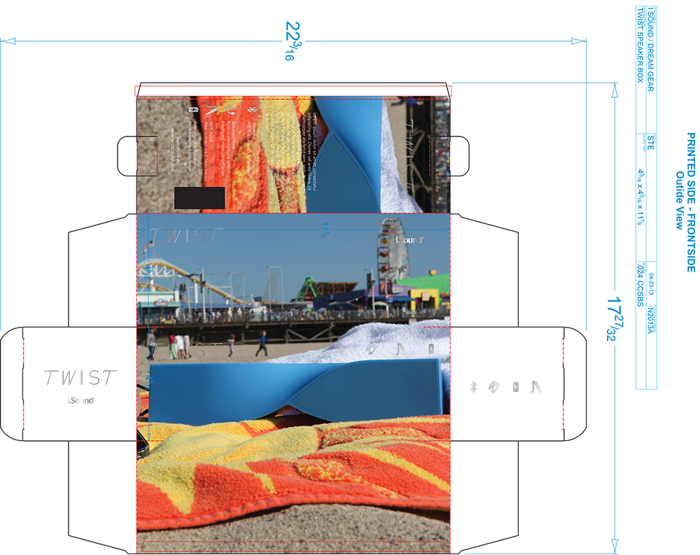 TWIST speaker packaging dieline with Santa Monica beach photography