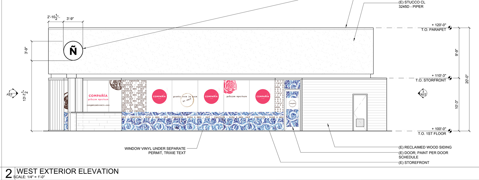 Compañía café west exterior elevation with storefront branding and window vinyl program